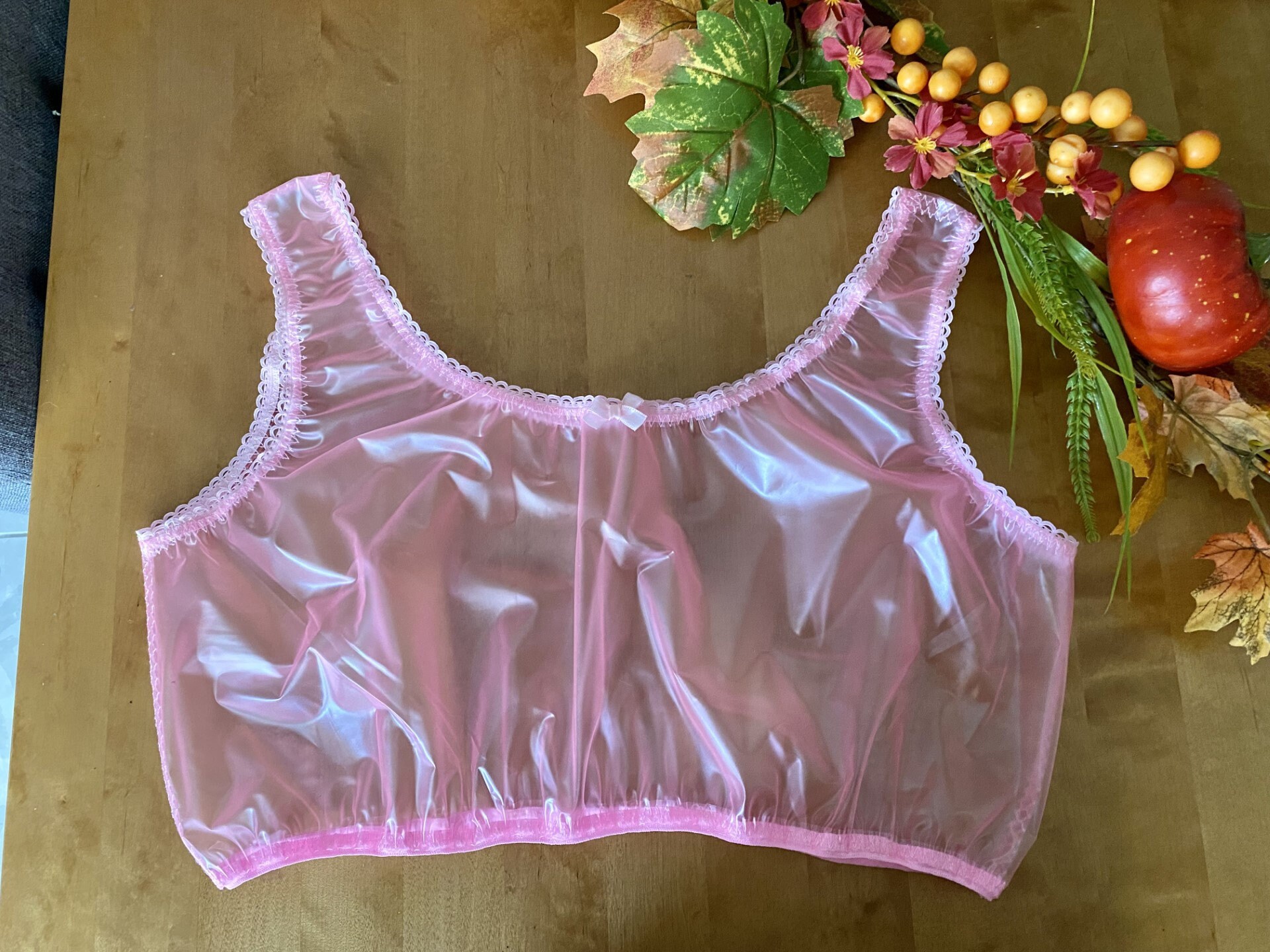 See through pink plastic pvc bralette handmade - sissy cd tv ab