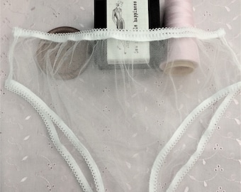 Handmade panties knickers white net plain white picot mesh sissy see through sexy sheer
