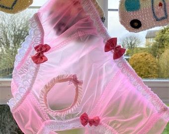 Sissy pink & clear pvc panties with hole knickers waterproof plastic lace bows see through adult baby fetish