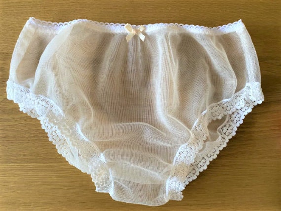 Handmade Panties Ivory Nylon Tricot See Through Sheer Knickers Sissy Lace  Cute Cd Tv Adult Baby 