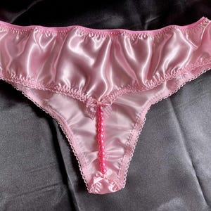 Handmade pink satin beaded thong Panties knickers cute fetish sensual cd tv ab
