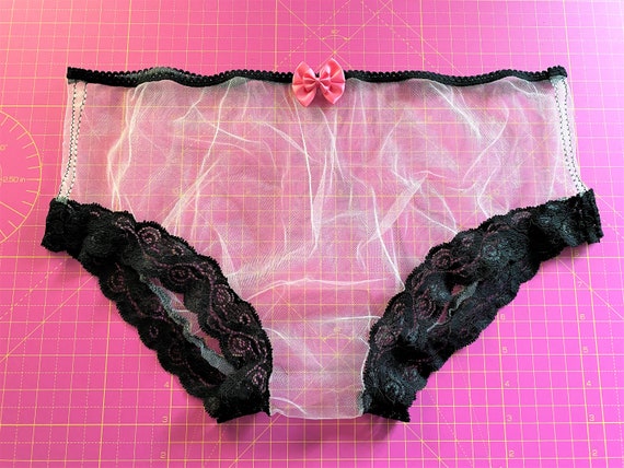Handmade Panties Knickers Black Lace Net Mesh Sissy See Through Sexy Sheer  Big Pink Bow Ab 