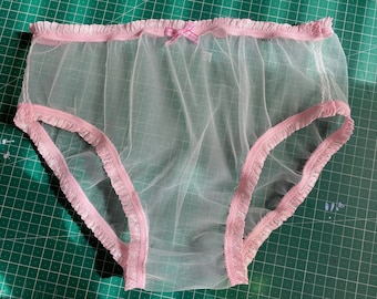 Sissy handmade net frilly knickers panties pink see through soft sheer sexy ruffle pretty