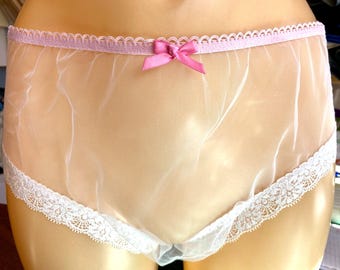 Handmade panties knickers pastel pink white picot lace net mesh sissy see through sexy sheer