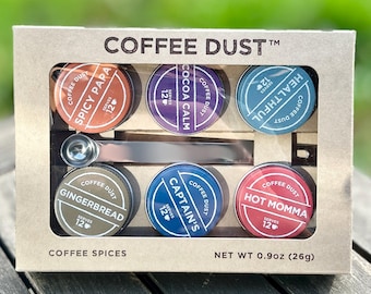 Coffee Dust Sampler: 6 Flavors including spoon  | 72 Servings | Unique Gifts for Coffee Lovers