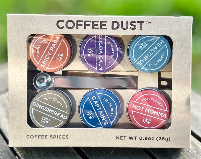 Coffee Dust Sampler: 6 Flavors including spoon  | 72 Servings | Unique Gifts for Coffee Lovers