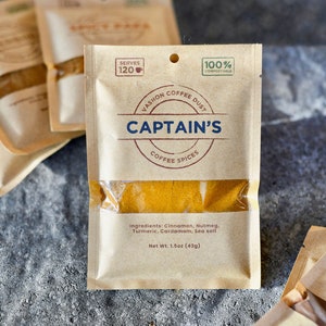 Captain's Coffee Dust 120 servings Vashon Island Coffee Dust Coffee Flavoring using Spices: Cinnamon, Nutmeg, Turmeric, Cardamom... Refill packet