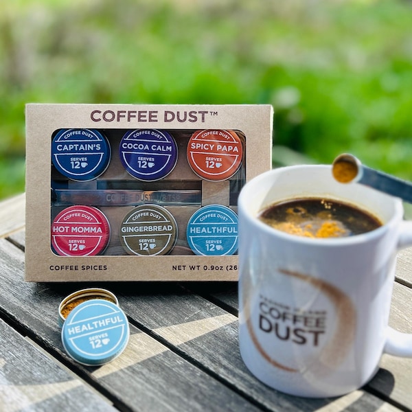 Coffee Dust Spice Sampler: 6 Flavor Expedition Kit, 72 Servings with spoon.  Unique Mother's Day gift for coffee lovers!