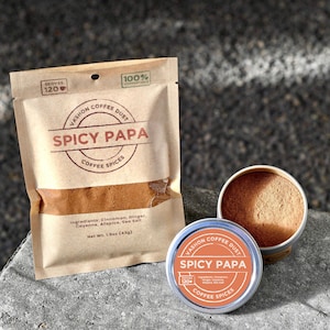 Polvo de café picante de Papa / 120 porciones / Saborizante de café con especias: canela, jengibre, cayena, pimienta de Jamaica y sal marina