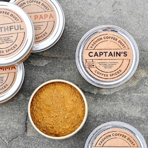 Captain's Coffee Dust 120 servings Vashon Island Coffee Dust Coffee Flavoring using Spices: Cinnamon, Nutmeg, Turmeric, Cardamom... Tin (120 servings)
