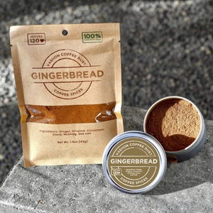 Polvo de café con jengibre / 120 porciones / Aromatizante de café con especias: canela, jengibre, pimienta de Jamaica, clavo, nuez moscada y sal marina
