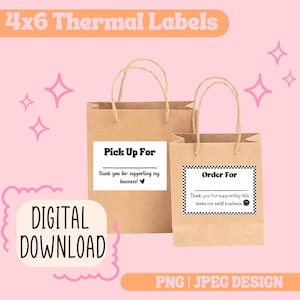 May include: Two brown paper bags with handles. The bag on the left has a label that says "Pick Up For" and "Thank you for supporting my business!" The bag on the right has a label that says "Order For" and "Thank you for supporting this mama run small business!" The labels are printed in black and white. The background is pink with white stars.