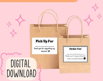 May include: Two brown paper bags with handles. The bag on the left has a label that says "Pick Up For" and "Thank you for supporting my business!" The bag on the right has a label that says "Order For" and "Thank you for supporting this mama run small business!" The labels are printed in black and white. The background is pink with white stars.