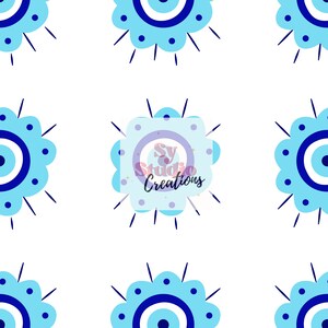 May include: A seamless pattern featuring blue and white evil eye designs with a white background. The evil eye designs are stylized with a blue flower shape and a white circle with a blue center.