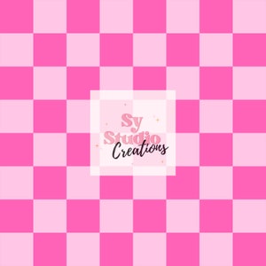 May include: A pink and white checkered background with a white square in the center. The square contains the text "Sy Studio Creations" in black text with pink and gold accents.