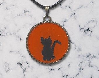 Halloween Cat Pendant, Halloween Necklace, Black Cat Pendant, Paint Pendant, Hand Painted Cat, Orange Pendant, Halloween Jewelry