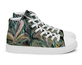 Women’s high top canvas shoes, Green Paint Shoes, Abstract Footwear, Fluid Art