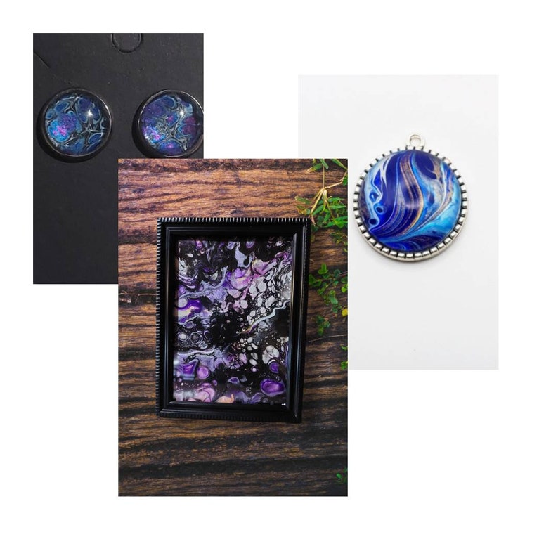 May include: A set of three handmade resin art pieces featuring swirling blue and purple abstract designs. The pieces are framed in black and silver and come in a variety of sizes, including earrings and a pendant.