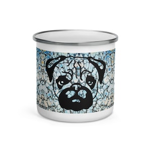 Pug Mug, Dog Mug, Blue Paint Mug, Abstract Coffee Cup, Fluid Art Drinkware, Art Mug,  Enamel Mug