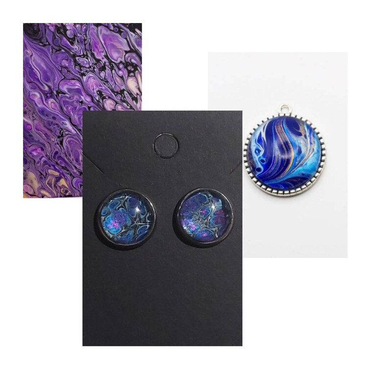May include: A set of blue and purple abstract art earrings and a pendant necklace. The earrings are small and round, while the pendant is larger and has a silver border.