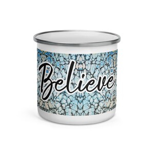 Enamel Mug, Believe, Blue Paint Mug, 12 oz Coffee Cup, Fluid Art, Abstract Drinkware