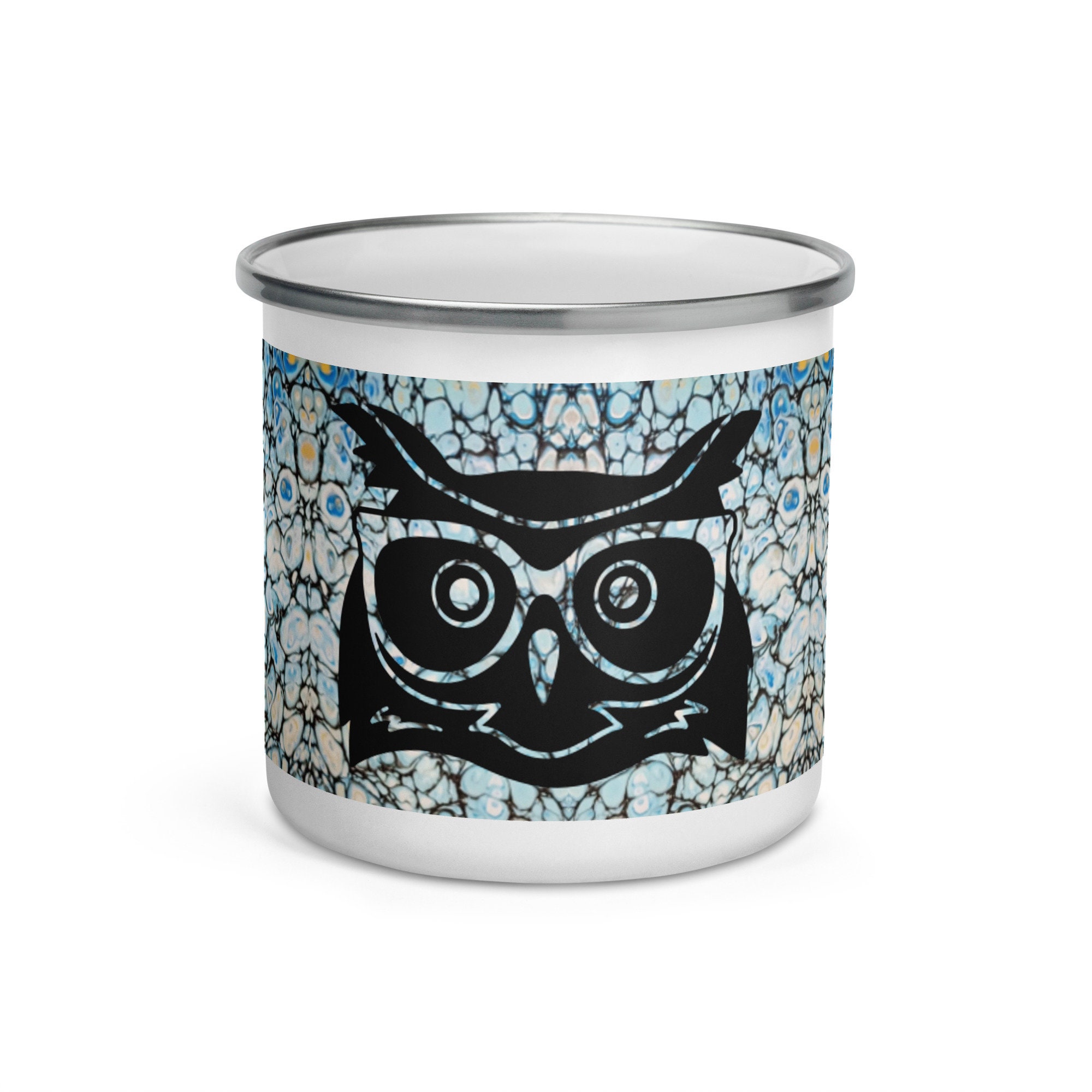 Blue Mug, Owl Mug, Paint Mug, Abstract coffee cup, Fluid Art, Enamel Mug