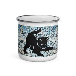 Cat Mug, Kitty Mug, Blue Paint Mug, Abstract Art Coffee Cup, Fluid Art Drinkware, Black Cat, Enamel Mug