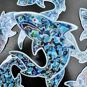 Blue Camo Shark Prismatic sticker