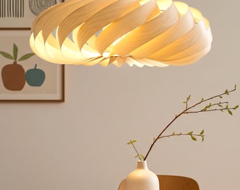 L14B, 80cm Handmade Birch Wood Veneer Pendant Lamp - Ceiling Hanging Chandelier Design