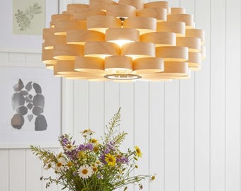 L09B, 60-70cm Handmade Birch Wood Veneer Pendant Lamp - Ceiling Hanging Chandelier Design