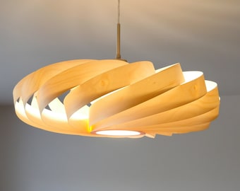 L06B 50 Handmade wood pendant lamp, birch veneer. Ceiling design hanging chandelier light