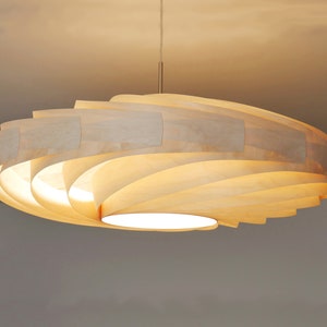 L21B 60-80 Handmade wood pendant lamp, birch veneer. Ceiling design hanging chandelier light