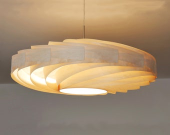 L21B 60-80 Handmade wood pendant lamp, birch veneer. Ceiling design hanging chandelier light