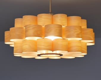 L10B 50-70 Handmade wood pendant lamp, birch veneer. Ceiling design hanging chandelier light