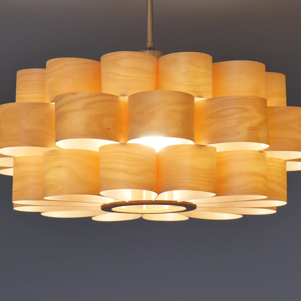 L10B 50-70 Handmade wood pendant lamp, birch veneer. Ceiling design hanging chandelier light