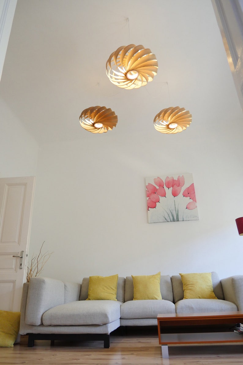 L06B 60-80 Handmade wood pendant lamp, birch veneer. Ceiling design hanging chandelier light image 8