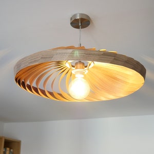 L12O 50-60 Handmade wood pendant lamp, walnut veneer. Ceiling design hanging chandelier light