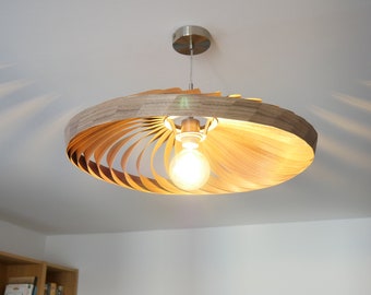 L12O 50-60 Handmade wood pendant lamp, walnut veneer. Ceiling design hanging chandelier light