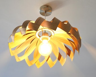 L17O 50 Handmade wood pendant lamp, walnut veneer. Ceiling design hanging chandelier light