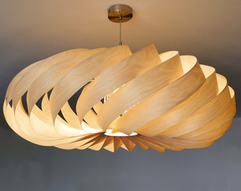 L14B 80 Handmade wood pendant lamp, birch veneer. Ceiling design hanging chandelier light