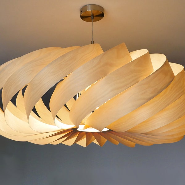 L14B 80 Handmade wood pendant lamp, birch veneer. Ceiling design hanging chandelier light