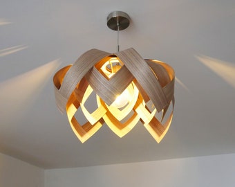 L18O 50 Handmade wood pendant lamp, walnut veneer. Ceiling design hanging chandelier light