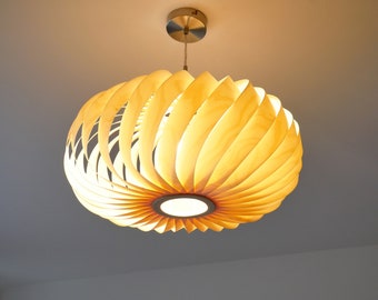 L14B 50-60 Handmade wood pendant lamp, birch veneer. Ceiling design hanging chandelier light