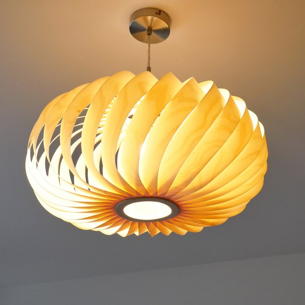 L14B 50-60 Handmade wood pendant lamp, birch veneer. Ceiling design hanging chandelier light