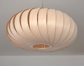 L04B 60 Handmade wood pendant lamp, birch veneer. Ceiling design hanging chandelier light