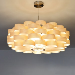 L09B 60-70 Handmade wood pendant lamp, birch veneer. Ceiling design hanging chandelier light