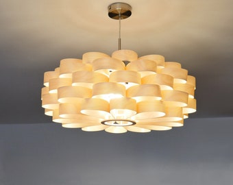 L09B 60-70 Handmade wood pendant lamp, birch veneer. Ceiling design hanging chandelier light