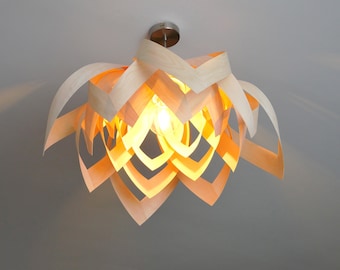 L18B 70 Handmade wood pendant lamp, birch veneer. Ceiling design hanging chandelier light