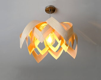 L18B 50 Handmade wood pendant lamp, birch veneer. Ceiling design hanging chandelier light