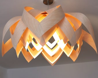 L18B 90 Handmade wood pendant lamp, birch veneer. Ceiling design hanging chandelier light